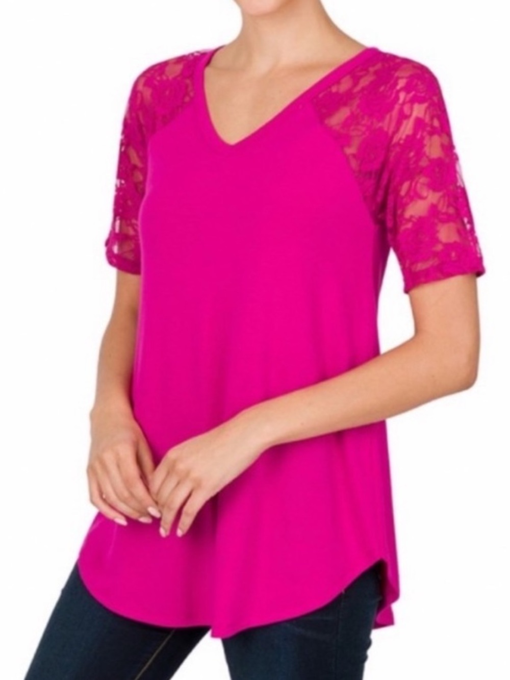 Magenta Lace Sleeve V Neck Top - Picture 2 of 3